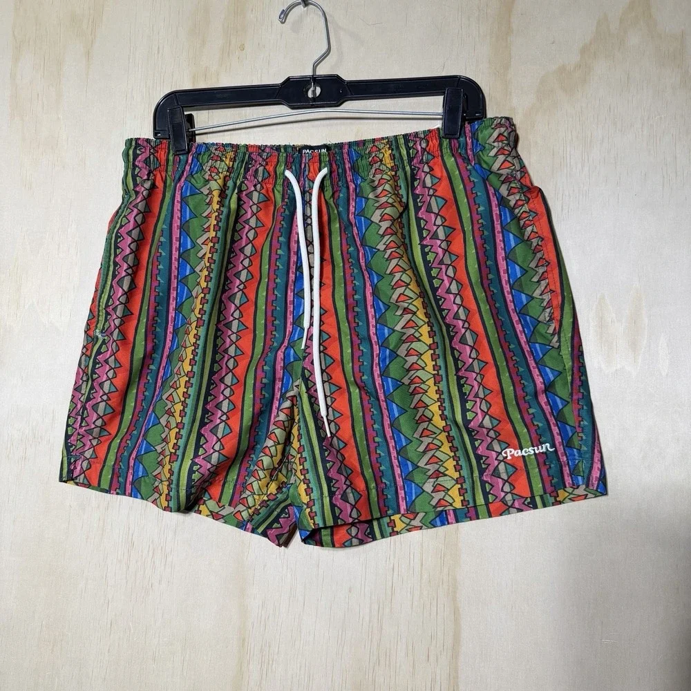 PacSun‎ Swim Trunks L Multicolor Tribal Pattern Beach Shorts Drawstring